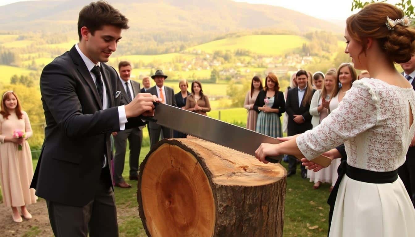 Baumstamm sägen zur Hochzeit
